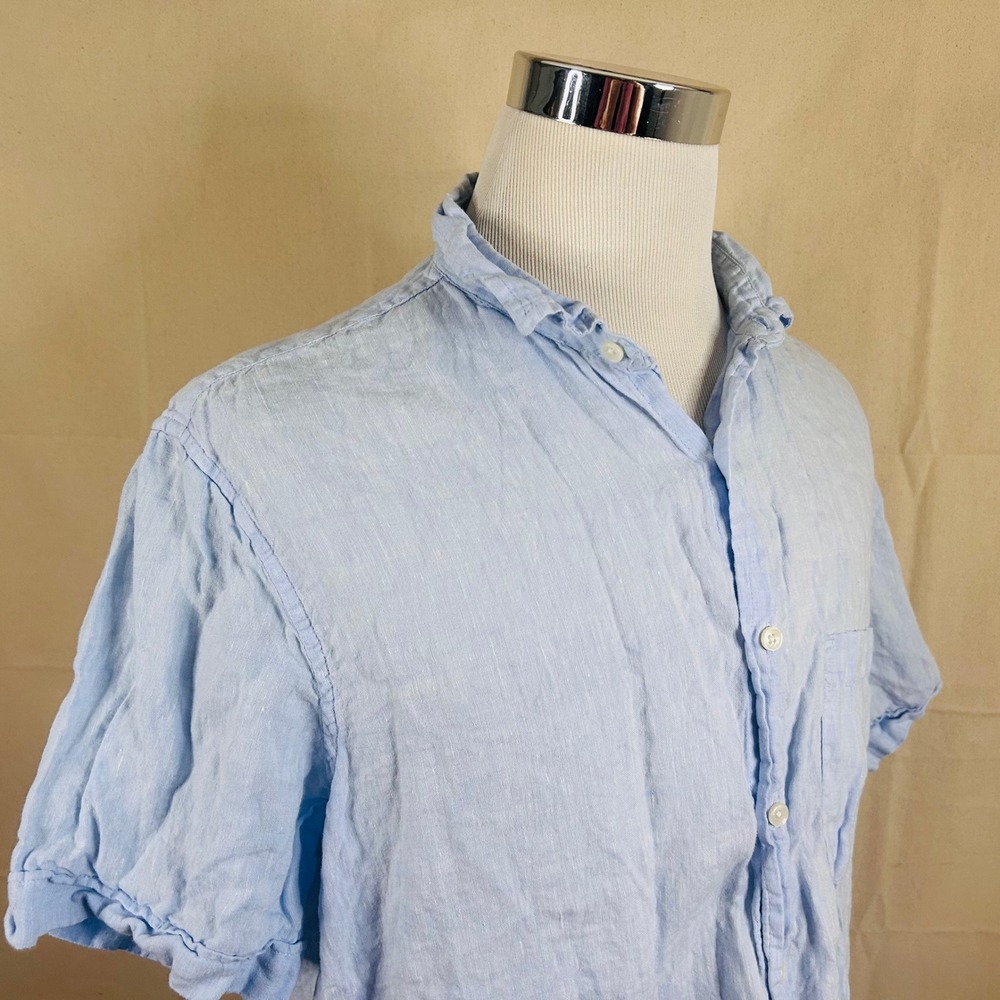 Tasso Elba XL 100% Linen Regular Fit Button Front Shirt Light Blue Solid Mens